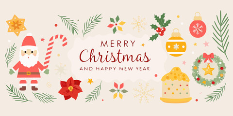 Festive merry christmas and happy new year greeting card with santa claus and holiday decorations