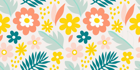 Vibrant and playful abstract floral pattern with tropical leaves and dots