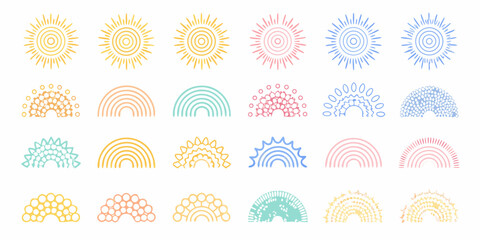 Collection of boho style sun and rainbow icons in pastel colors on white background