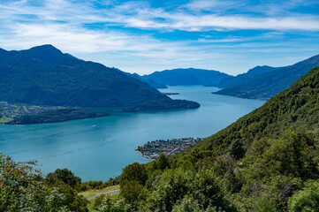Lake Como, photographed in Trezzone, Como, with the villages and mountains overlooking it