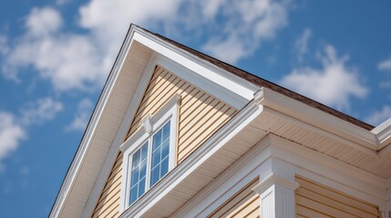 Fototapeta premium Architectural Gable End with Window and Clear Blue Sky: Exterior Home Design and Construction