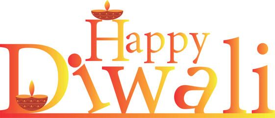 Gradient happy diwali text with lamp icons atop letters set on a transparent backdrop