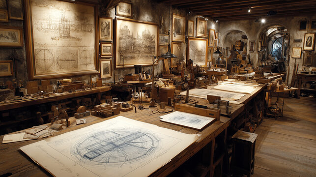 An inventor's workshop during the Renaissance, filled with blueprints, intricate models, and creative tools.