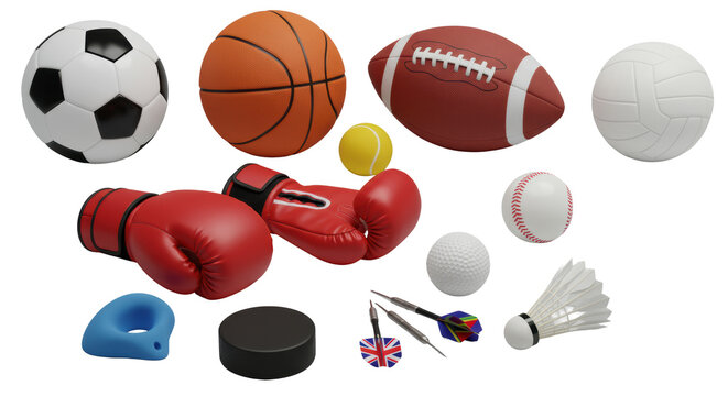 Diverse sports equipment arranged on transparent studio background, 45-degree high-angle, bright studio lighting, pristine surfaces, concept of sports design and precision.
