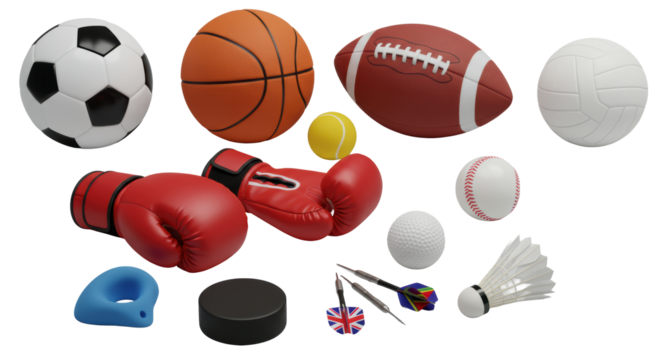 Diverse sports equipment arranged on transparent studio background, 45-degree high-angle, bright studio lighting, pristine surfaces, concept of sports design and precision.