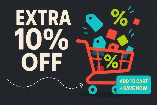 EXTRA 10% OFF discount offer with shopping cart and tags, modern graphic style, engaging retail promotion feature.