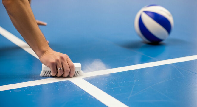 A hand meticulously brushes white court lines on a vibrant blue indoor sports floor, with a striped volleyball resting in the background.