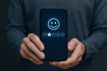 Customer feedback on mobile. Person holding smartphone with positive rating. Business concept for user experience and online satisfaction