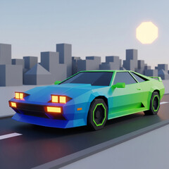 Low Poly Sports Car Driving Through City at Sunset