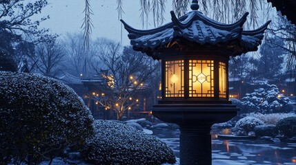 Serene Japanese Garden Scene with Illuminated Lantern at Dusk.