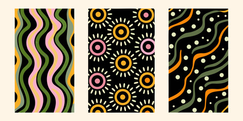 Set of three abstract graphic art panels with wavy lines and sun motifs in pastel colors
