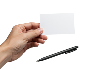 Light-skinned hand elegantly holding a blank white card, with a minimalist black pen nearby, in a pristine, high-key studio setting, concept of clean slate and professionalism