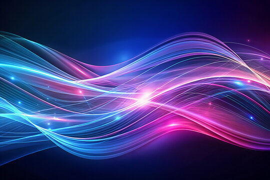 Abstract flowing waves of neon blue and pink light trails with glowing particles on dark background - Powered by Adobe