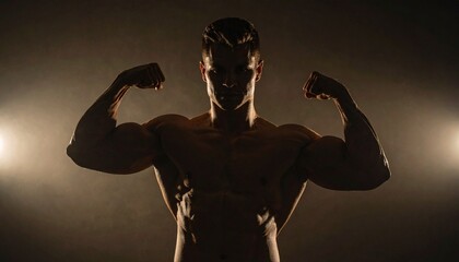 Silhouette of a powerful and muscular male bodybuilder flexing his bicep muscles in a dark, smoky studio with dramatic backlighting, embodying strength and determination