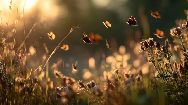 Fototapeta Peaceful meadow with butterflies in flight,
