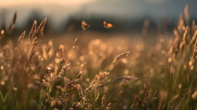 Fototapeta Peaceful meadow with butterflies in flight,