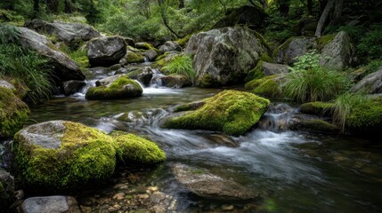 Fototapeta premium Peaceful mountain stream with mossy rocks, 