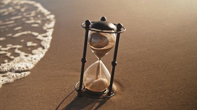 Countdown Captured In Glass As Timer Stands In Path Tide,Representing Change,Time, Natural Harmony.Beach Vibe With Warm Evening Glow In Vertical Frame.Last Moments Hourglass Before Ocean Wave Covers