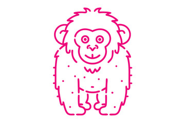 Pink outlined cartoon monkey is shown with a friendly expression on a white backdrop