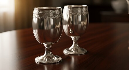 Elegant Silver Goblets on Table.
