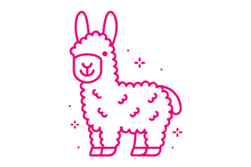 Pink outlined fluffy llama illustration with decorative accents around it standing on a plain white background