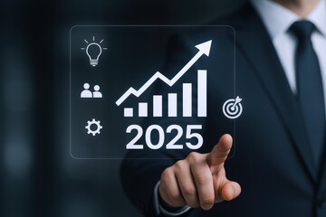 Business Growth Projection to 2025 Displayed on Interactive Screen Operated by Executive in Suit