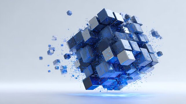 3D abstract cubic structure of interconnected blue and metallic cubes with glowing particles, floating deconstruction effect symbolizing data, blockchain, and futuristic technology
