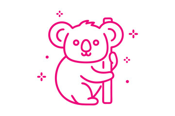 Fototapeta premium Pink outlined koala clings to a small log amidst sparkling and dotted accents, evoking charm
