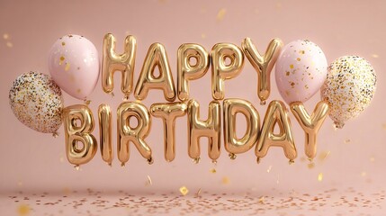 Golden happy birthday balloons floating with pink and gold confetti