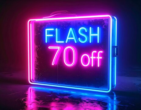 Glowing blue and pink neon sign shaped like a briefcase, advertising a flash sale with a seventy percent discount on a reflective surface
