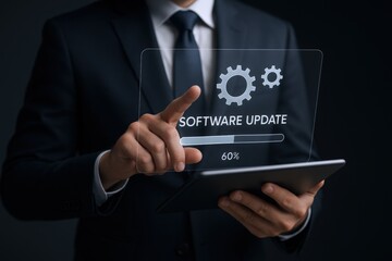 Software Update Concept: Man in Suit with Tablet Displaying Installation Progress on Transparent Screen