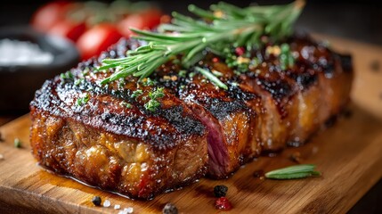 Sizzling grilled steak resting on wooden cutting board with rosemary and spices
