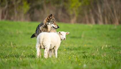 Obraz premium Wolf and lamb in a field