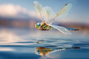 Vibrant blue and yellow dragonfly in flight above calm water its shimmering wings