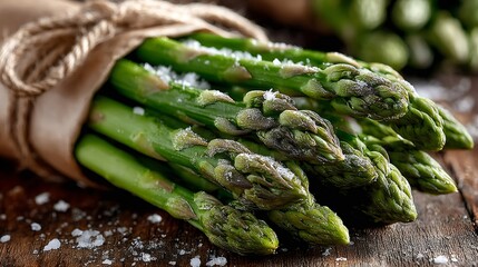 Fresh green asparagus spears sprinkled with salt on rustic wooden table