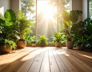Sunlit indoor garden with lush tropical plants in terracotta pots creating natural sanctuary by large windows
