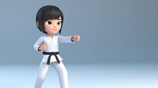 Animated cartoon martial arts figure in uniform performing a punch