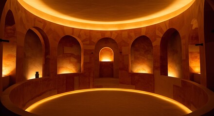 Obraz premium Illuminated domed interior with arched alcoves and warm ambient lighting