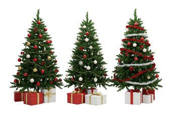 Fototapeta premium Three distinct Christmas trees (red/gold, white/cream, red/silver) with minimalist gift boxes, perfectly lit in a clean studio on transparent, 45-degree angle, festive elegance and luxury concept