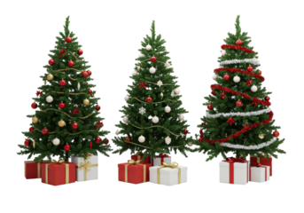 Three distinct Christmas trees (red/gold, white/cream, red/silver) with minimalist gift boxes, perfectly lit in a clean studio on transparent, 45-degree angle, festive elegance and luxury concept