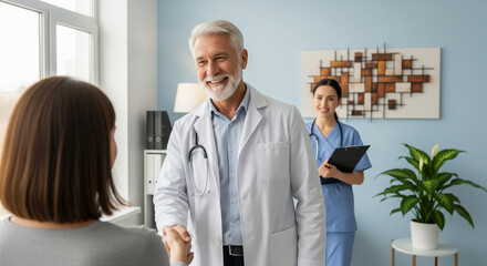 Happy experienced male doctor shakes hands with a female patient, with a smiling female nurse standing in the background