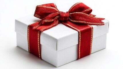 Obraz premium White gift box with red ribbon on white background