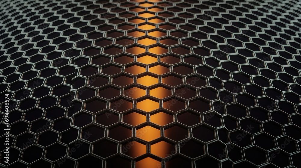 Wall mural abstract hexagonal grid pattern illuminated by a vibrant orange light source