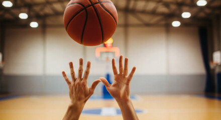Hands reaching up to catch a basketball mid-air on a brightly lit indoor court, with the hoop visible in the background.