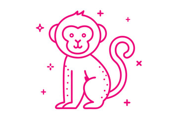 Pink outlined monkey with the tail curled around, surrounded by stars and crosses