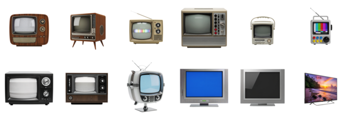 Evolution of televisions, from vintage to modern, representing media, entertainment, and technology, against a clean white background.