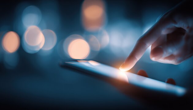 Finger Tapping Mobile Device: Blurred Background with Illuminated Screen, Indicating Modern Technology and Connection