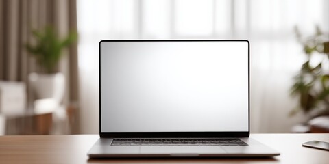 Fototapeta premium Sleek laptop with blank white screen, wooden desk, soft background with houseplants, perfect for mockups