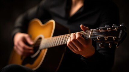 Fototapeta premium Guitarist Performing on Acoustic Guitar: Close-Up of Hands Playing Chords with Black Background for Music Production