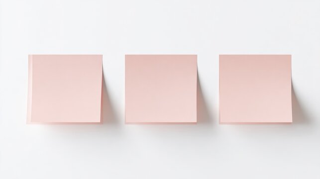 Three blank pink sticky notes adhered to a clean white background offering copy space